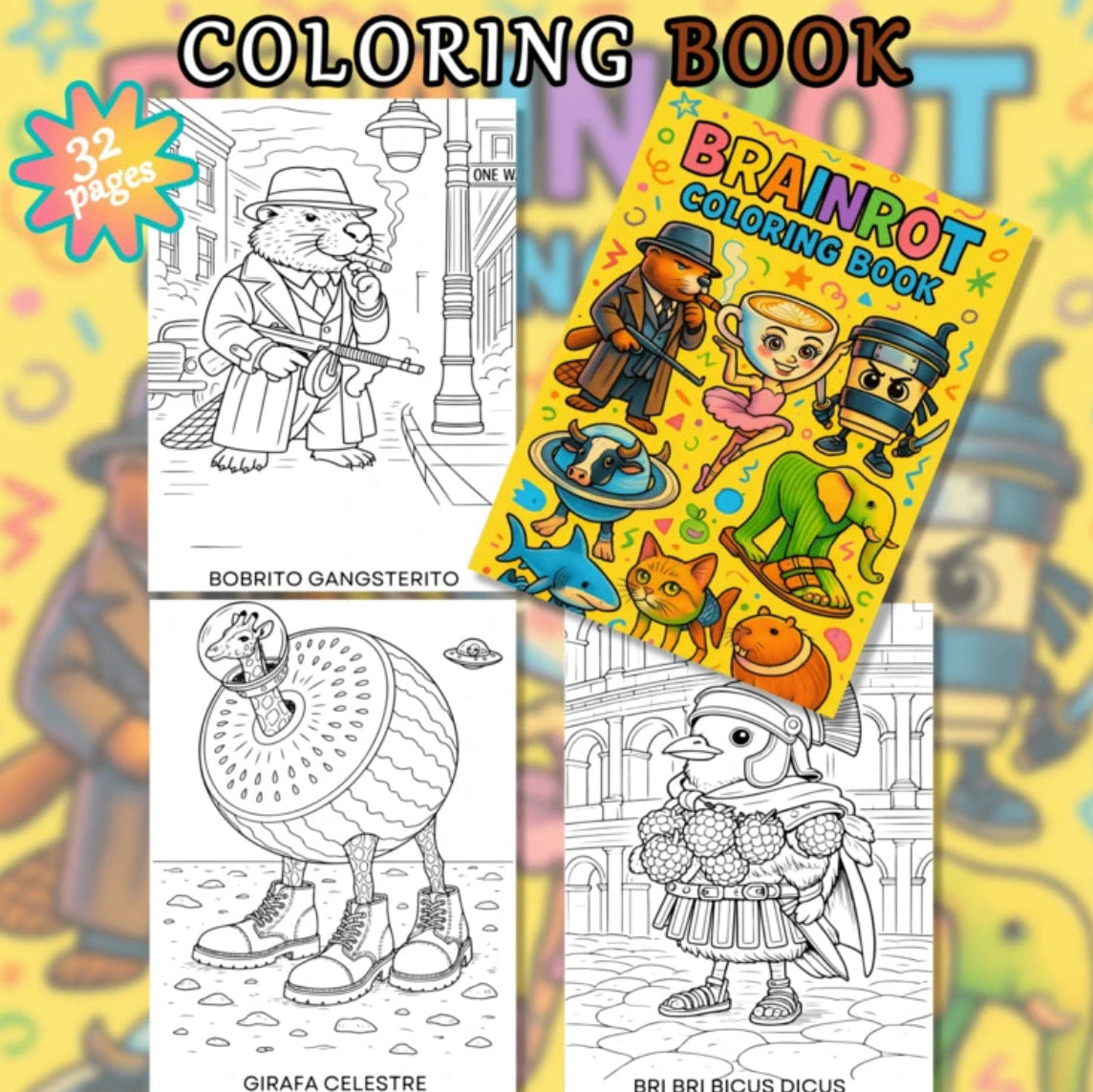 Italian Brainrot Bright Meme Character Colouring Book